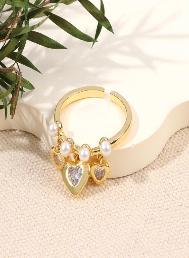 MOONWALTZ Gold Pearl Heart Ring for Women - 14K Gold Plated Dangle Charm, Elegant Open Adjustable Cubic Zirconia Statement Ring With Pearl - Wedding Summer Party Trendy Jewelry Gift - Image 3